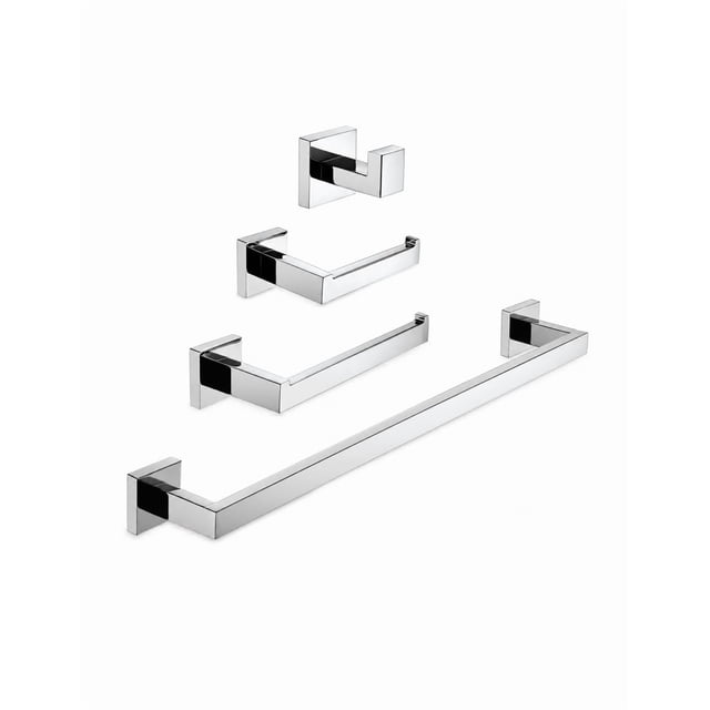 Kit Accesorios de Baño 4 Piezas Acero Inoxidable 304 Cromado Diseño Angular Barra 56cm Soporte Toalla Gancho Portapapel Maxims