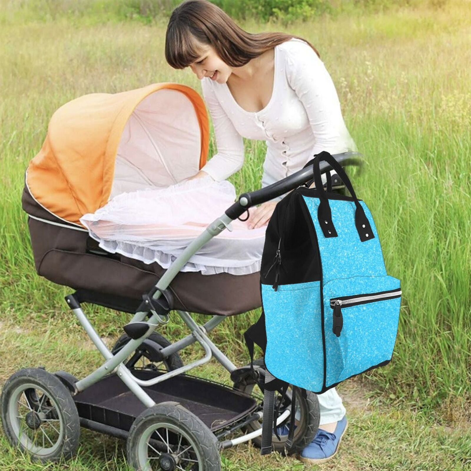 Ratiio Sky Blue Glitter Mummy Backpack - Waterproof Twill Canvas, Large Capacity Diaper Bag with Multiple Pockets and Adjustable Straps