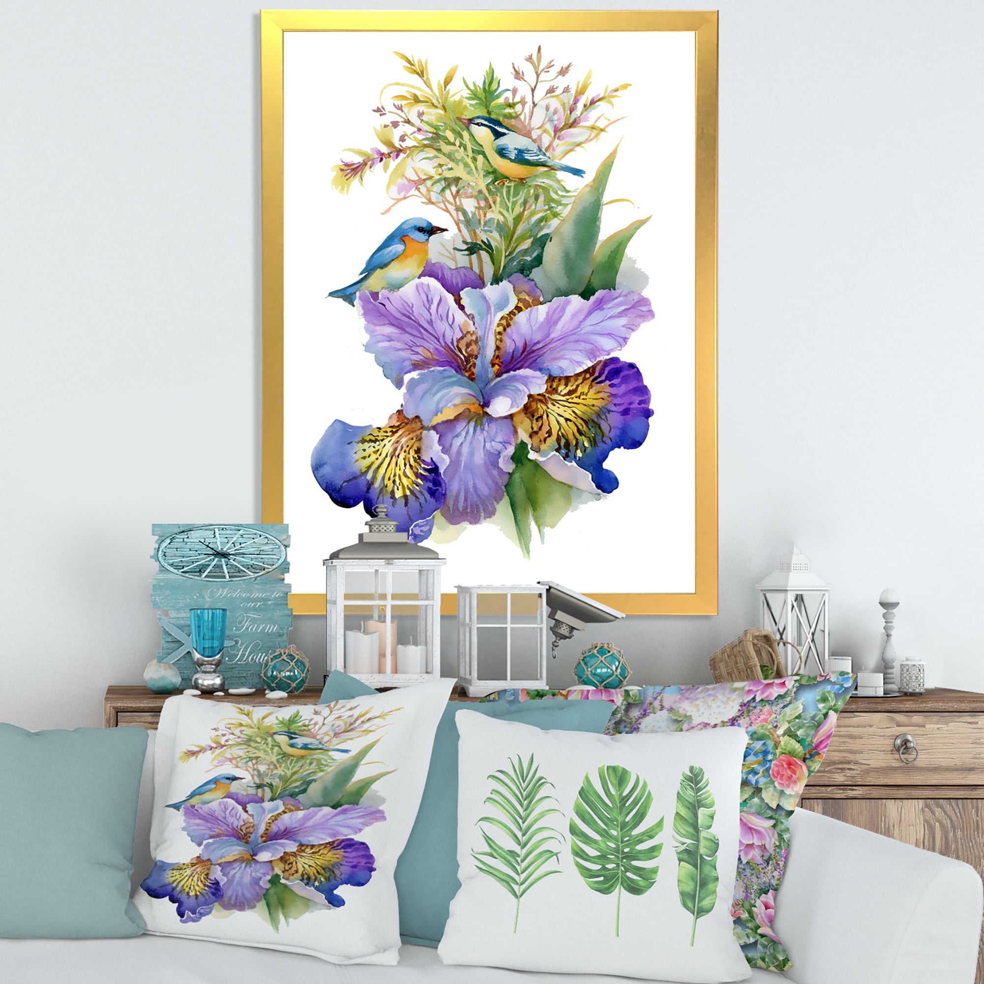 Designart 'Birds With Purple Iris' Traditional Framed Art Print
