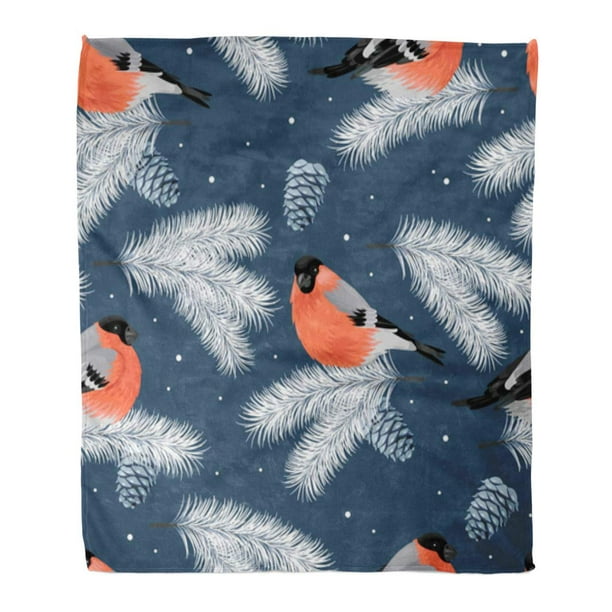Brown Bird Bullfinch and Branches of Spruce Throw Blanket
