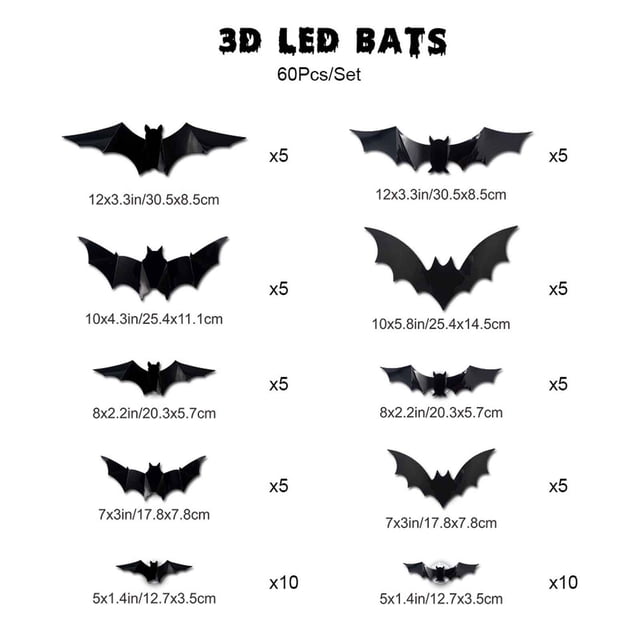 YTCAMLO Halloween Decorations indoor Outdoor on Clearance,Three-dimensional Halloween LED Night Light Bats Holiday Party Window Display Garage Decoration PVC Flash Wall Stick,Fall Decorations for Home
