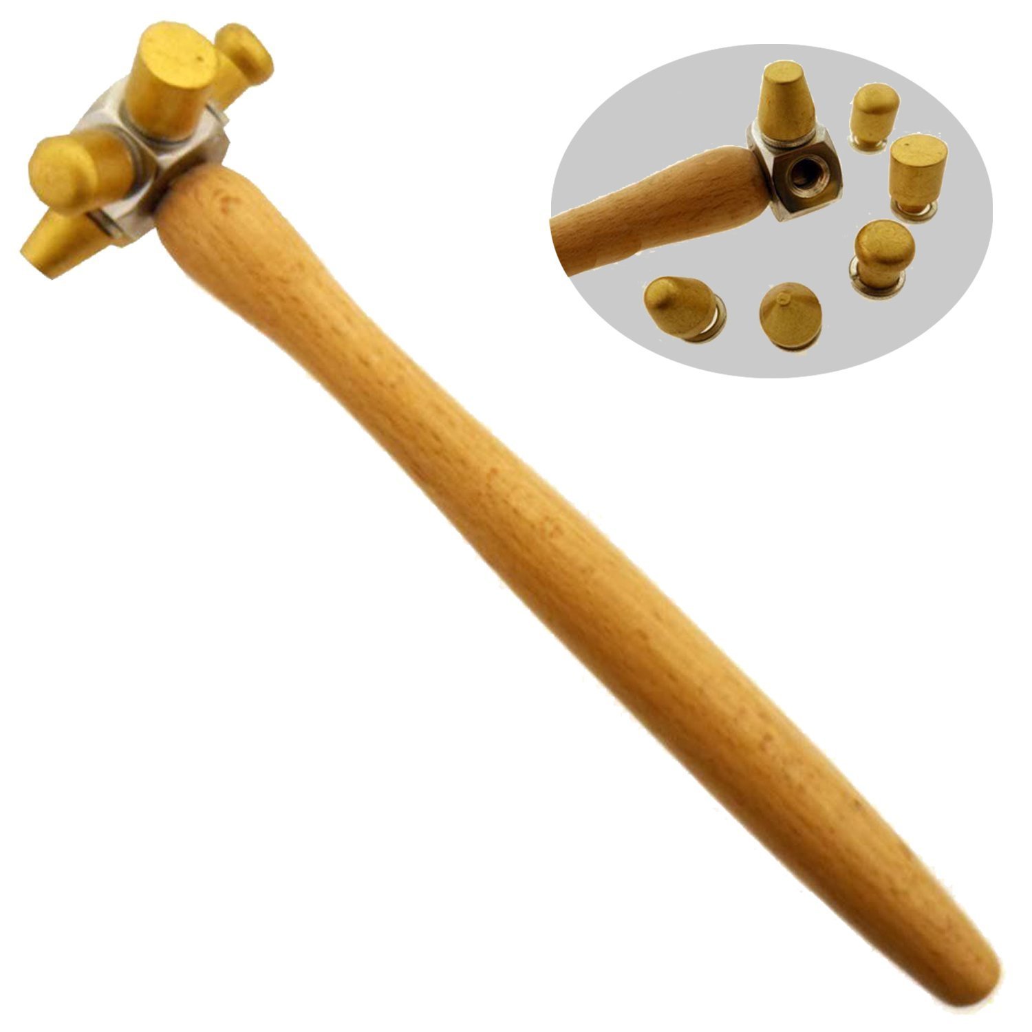 APT PH6060H BR Jewlers Brass 6in1 MultiHeaded Hammer, Ergonomic shaped wooden handle with 6
