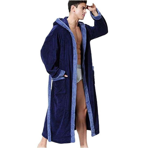 QTBIUQ Hommes Robe avec Capuche Chaud Long Peignoir Pleine Longueur Doux V tements de Nuit Robe de Chambre Capuche Patchwork Mode Robes Bleu