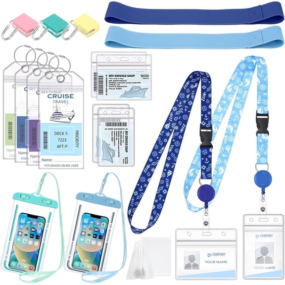 Cruise Ship Essentials Kits 2025 Including 2  Cruise Lanyards with Id Holder 4 Luggage Tags 3  Hooks 2  Phone Pouch 2 count Towel Bands & 2 Storage Bag for Cruise Lines Essentials