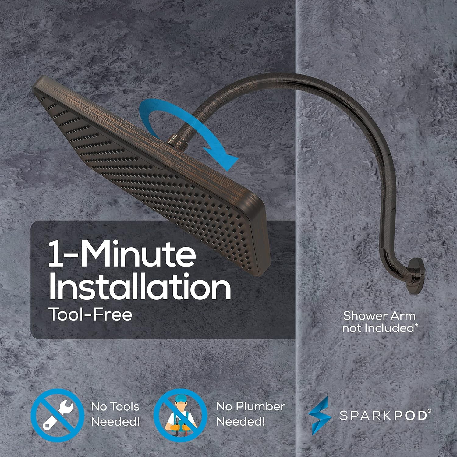 SparkPod 12" Rainfall Shower Head - Wall/Ceiling Mount - High Pressure, Anti-Clog, Easy Install (Oil-Rubbed Bronze)