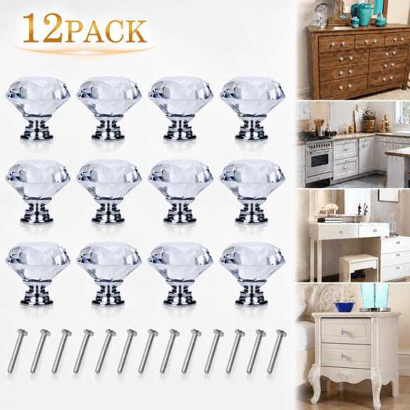 Ustris 12 Pack Drawer Knobs Diamond Shaped Crystal Glass 30mm Cabinet Knobs Pull Handles (Silver)