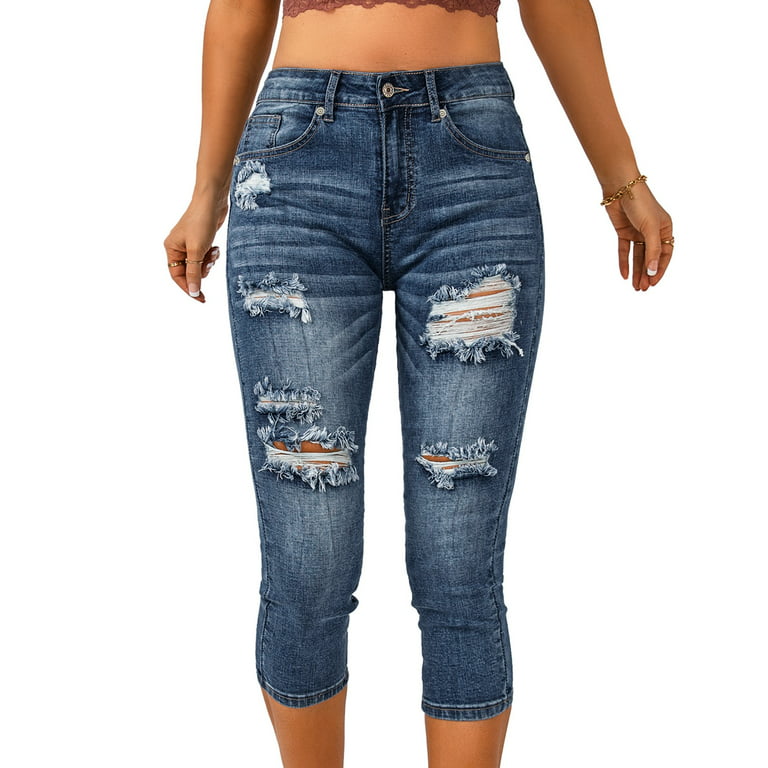 Vetinee Women's Stretch Soft High Waisted Capri Pants Ripped Denim Capri  Jeans Sizes S-2XL
