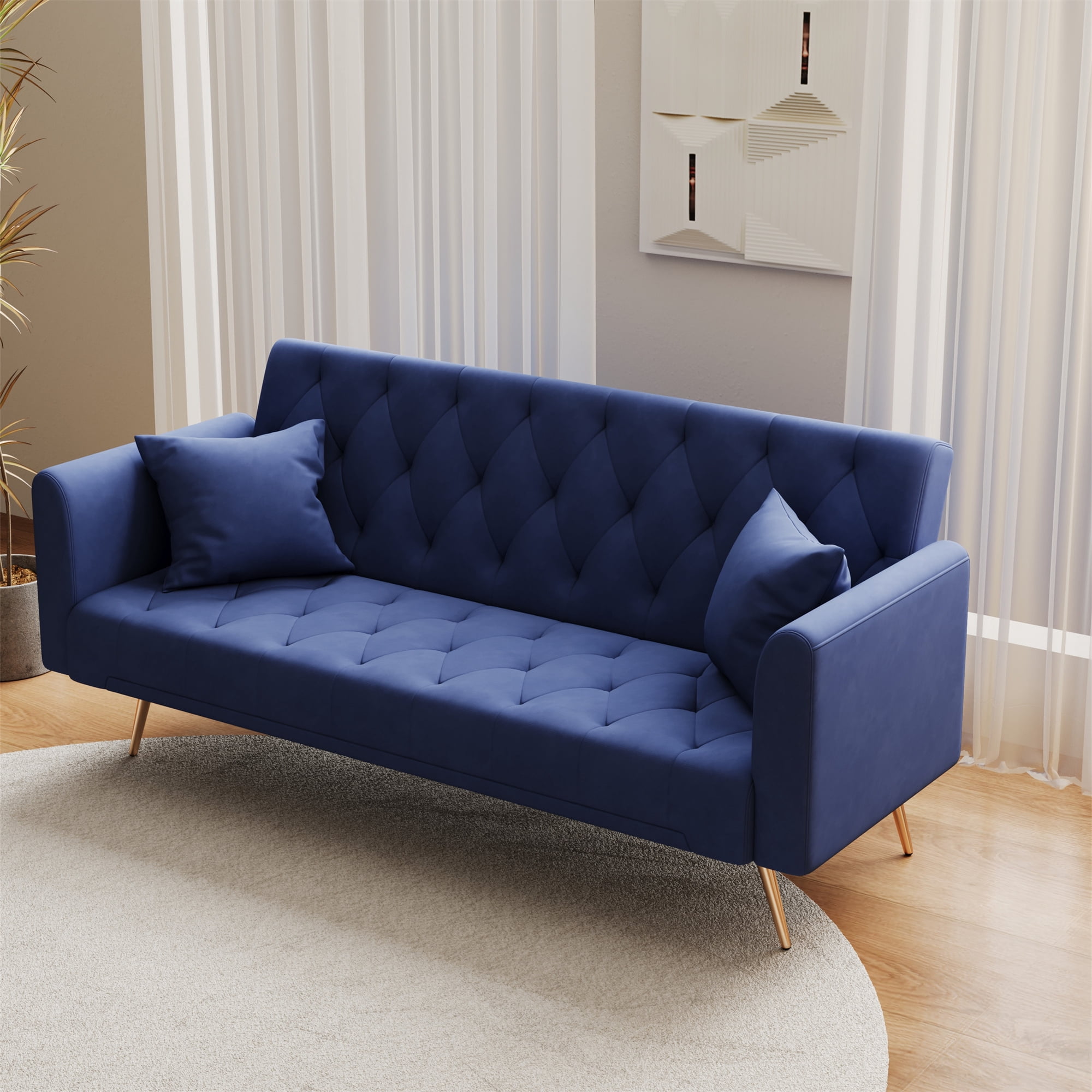 Aukfa Curved Arm Futon Convertible Sofa Bed for Home Office, 2 Pillows, Tufted Back, Velvet, Blue