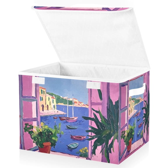 Yayeee Collapsible Cube Storage Bin with Lid Fabric Closet Decorative Basket with Handles, Purple Window Scene