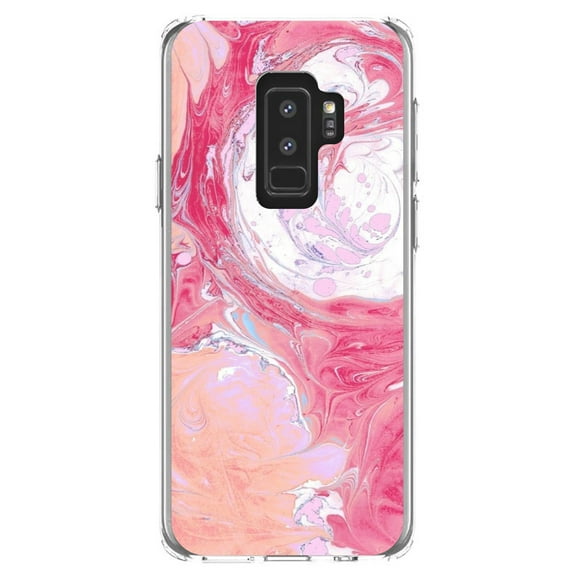 DistinctInk Clear Shockproof Hybrid Case for Samsung Galaxy S9  PLUS (6.2" Screen) - TPU Bumper, Acrylic Back, Tempered Glass Screen Protector - Hot Pink Blue White Marble - Printed Marble Image