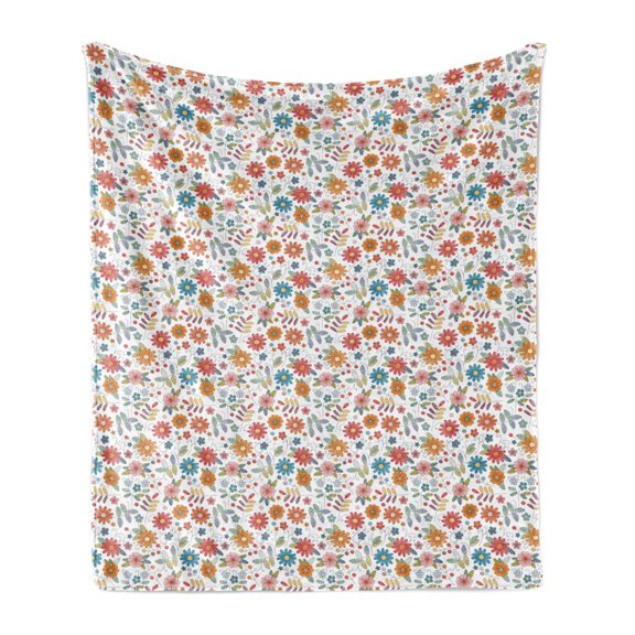 Flower Soft Flannel Fleece Throw Blanket, Colorful Flourishing Daisies with Leaves Design in Irregular Order Doodle Artwork, Cozy Plush for Indoor and Outdoor Use, 50" x 60", Multicolor, by Ambesonne