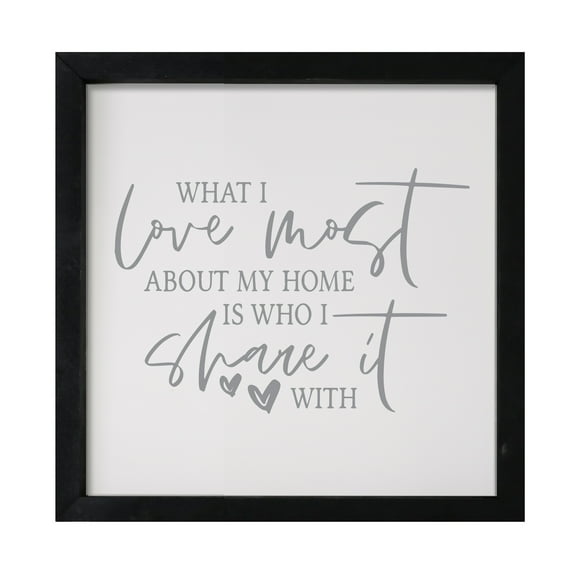 LifeSong Milestones 7x7 Modern Inspirational Framed Shadow Box for Wall Decoration - What I Love Most About My Home (Script) (Black)(Grey Print)