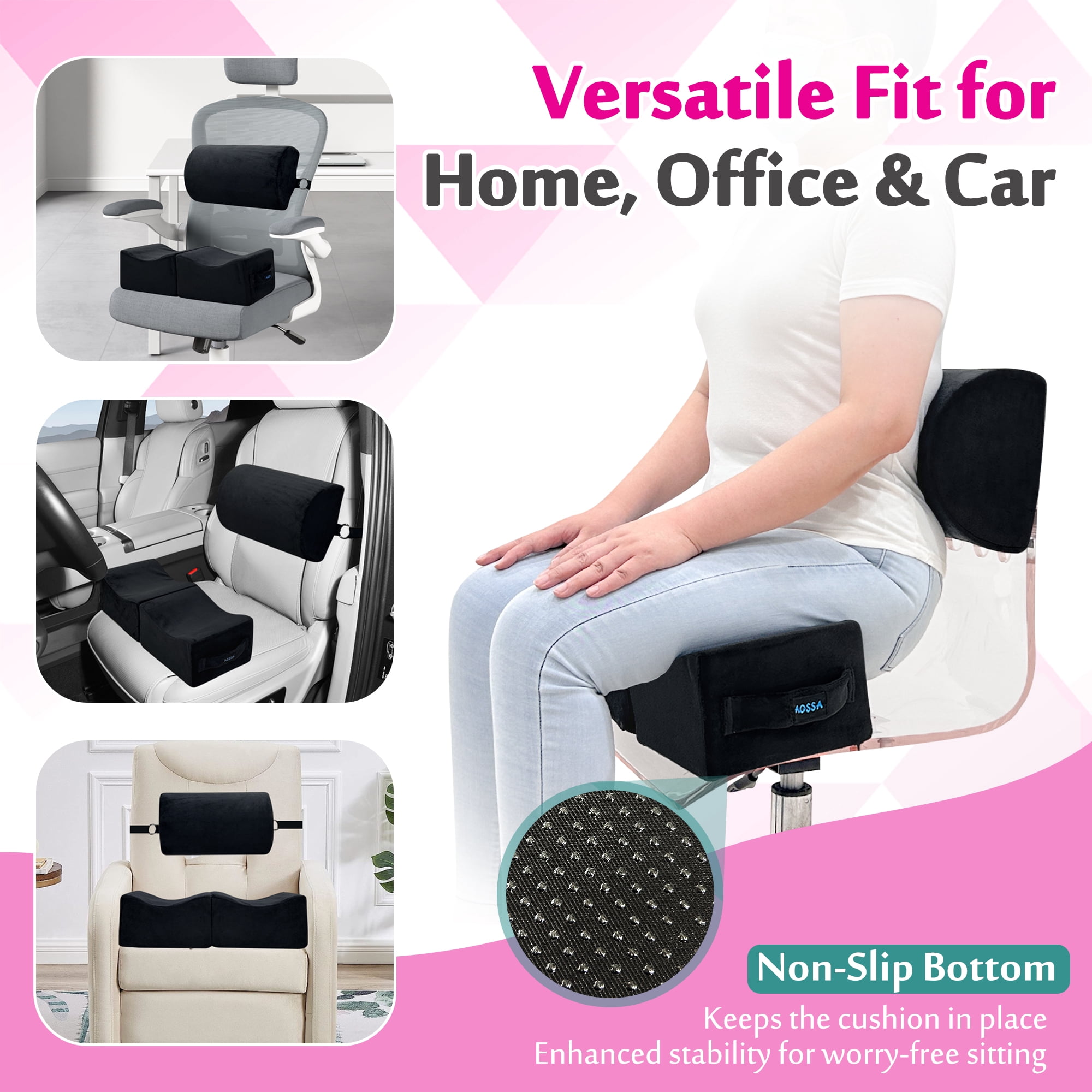 Butt Support Pillow with Back Cushion – Firm BBL Sitting Pillow with Velvet Cover, Foldable Design, Fits Office Chair, Car Seat, Travel Use