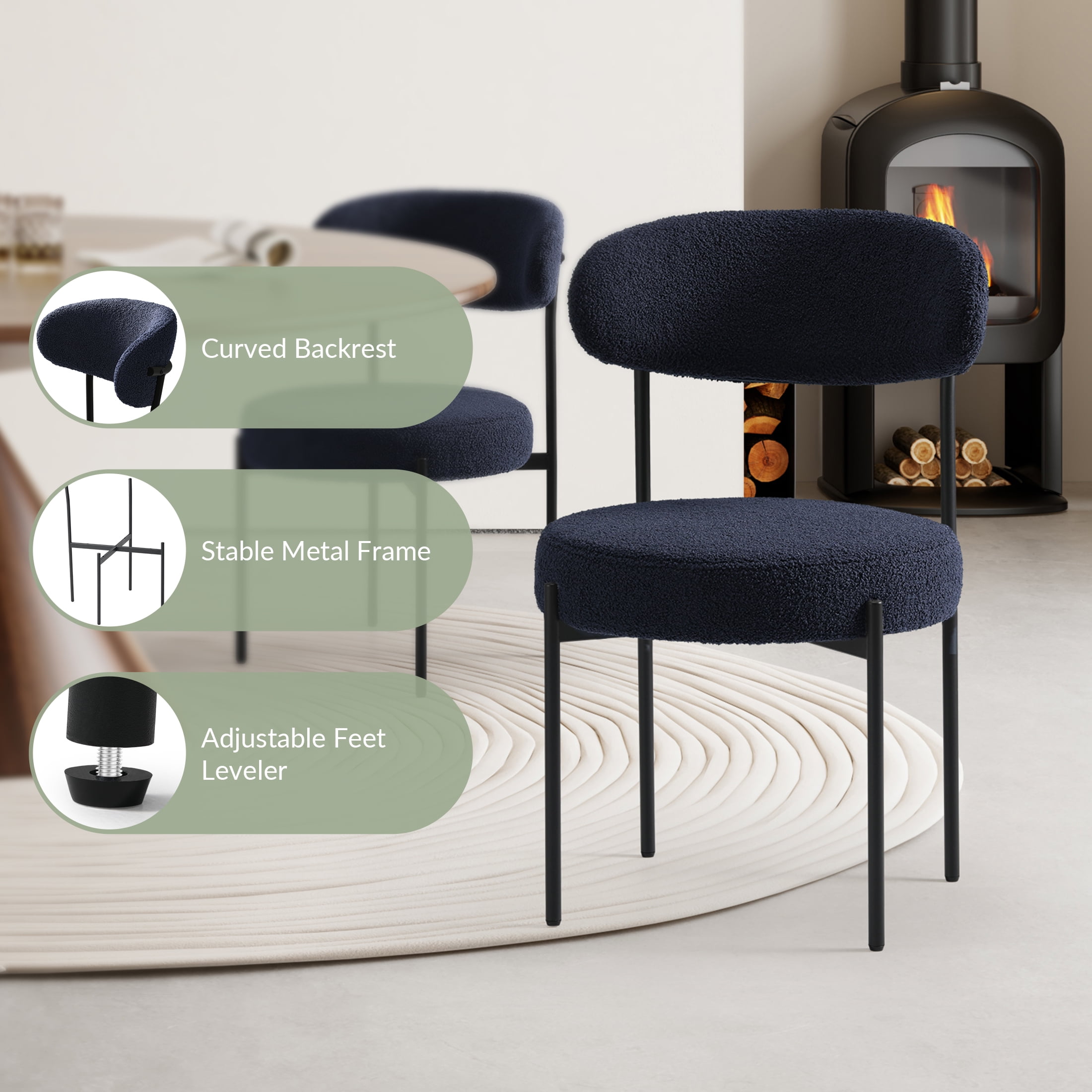 WestinTrends Alexandria Mid-Century Modern Upholstered Sherpa Round Dining Chairs (Set of 4), Navy Blue