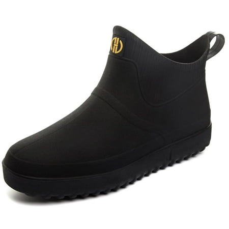 Wellies Mens Short Ankle Wellington Boots Waterproof Chelsea PVC Rubber Rain Boots, Black 43