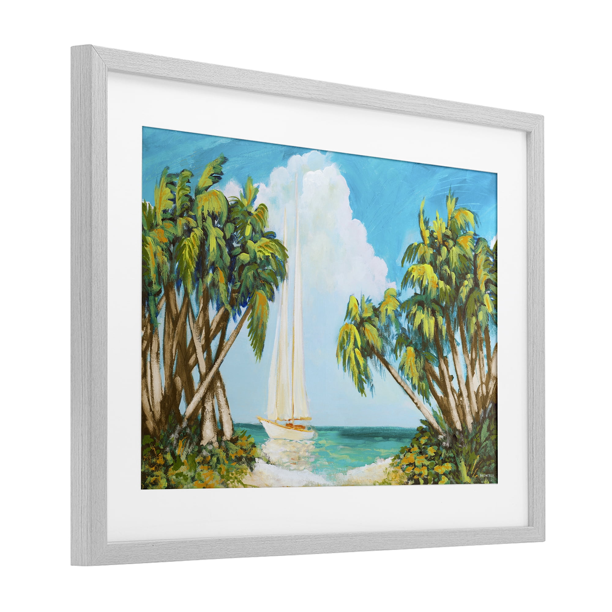 Stupell Industries Sailboat Among Palms Gray Framed Print Under Glass, design by Dan Meneely