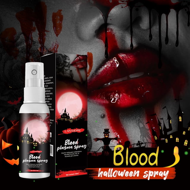 spray de maquillaje falso, maquillaje de halloween falso, maquillaje para disfraces de cosplay Botella negra de spray y caja en vista frontal 3/4; primer plano de labios y piel con efecto de sangre roja brillante y goteo, fondos con calabaza y silueta de casa embrujada. Diseñado para crear heridas SFX en rostro, brazos y ropa; también suele usarse para detalles sangrientos en disfraces y accesorios de utilería.