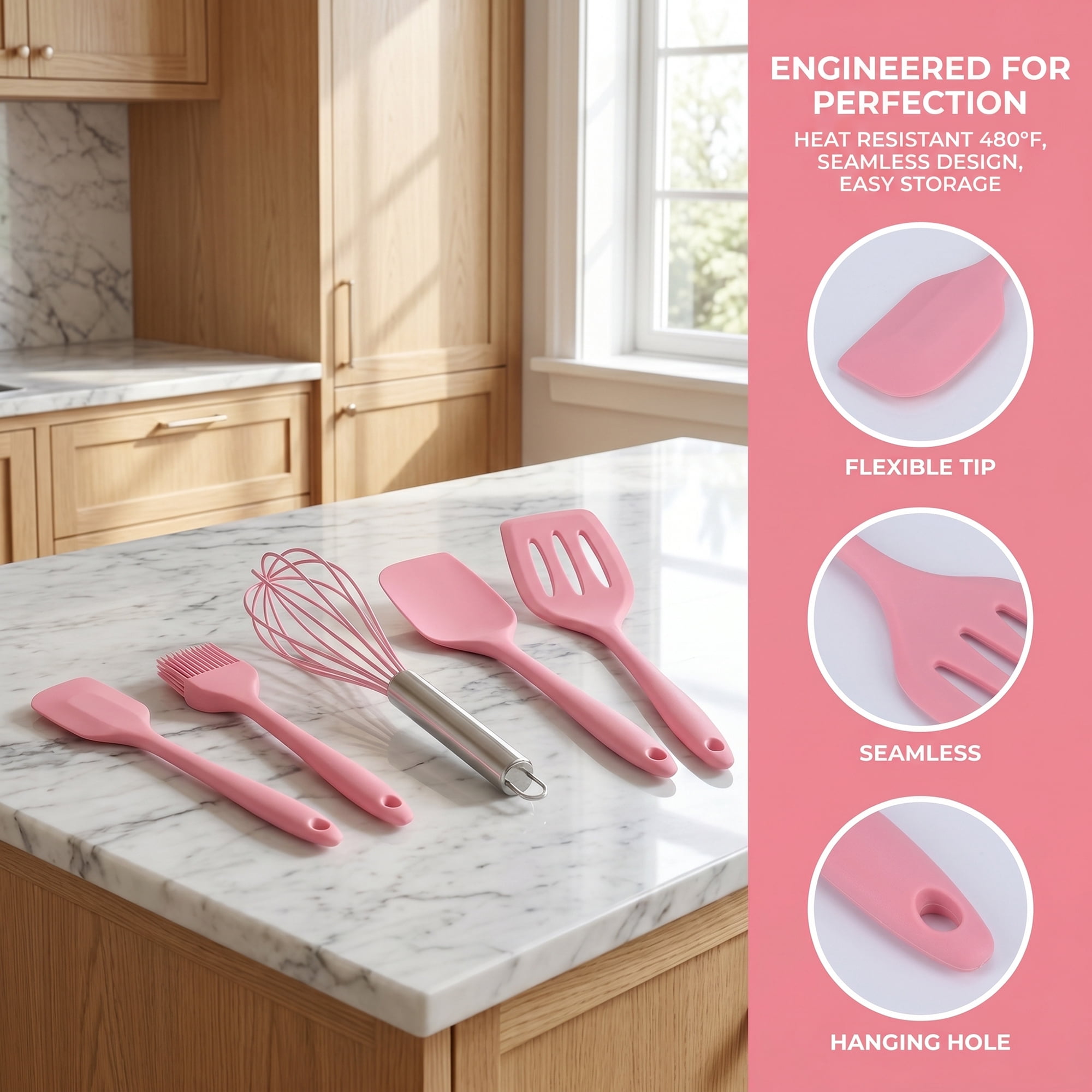 Unique Bargains Spatula Set Heat-Resistant Cooking Utensils Pink 5Pcs