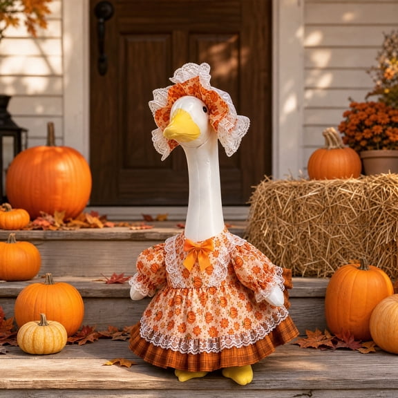 23-Inch Porch Goose Outfit, Fall Leaf and Pumpkin Clothing Set for Cement or Plastic Goose Statue, Halloween Thanksgiving Yard Garden Patio and Lawn Decor