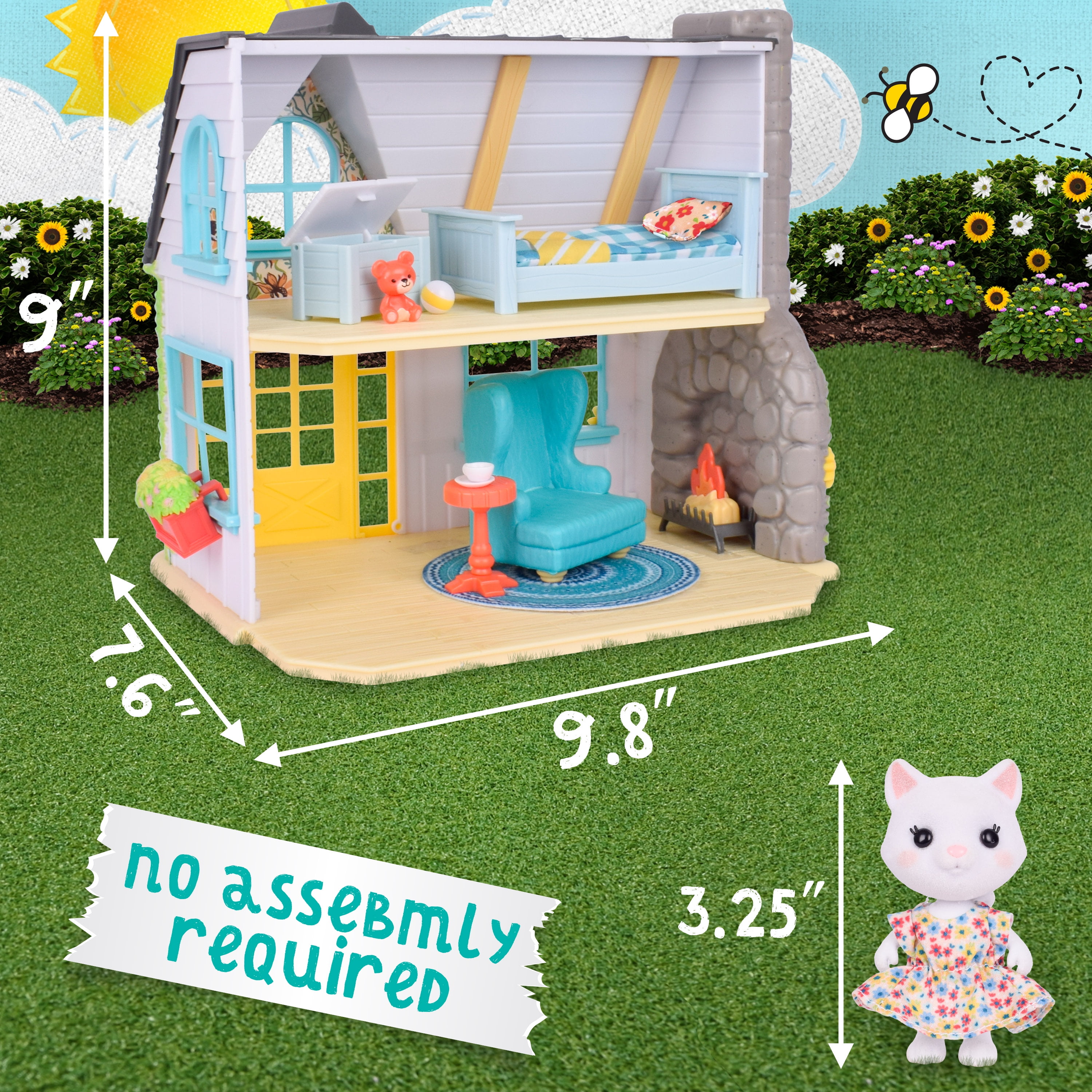 Honey Bee Acres Sunflower Country Cottage – 17 Piece Dollhouse with Miniature Furniture & Exclusive Cat Figure – Doll Playset for Kids Ages 3+