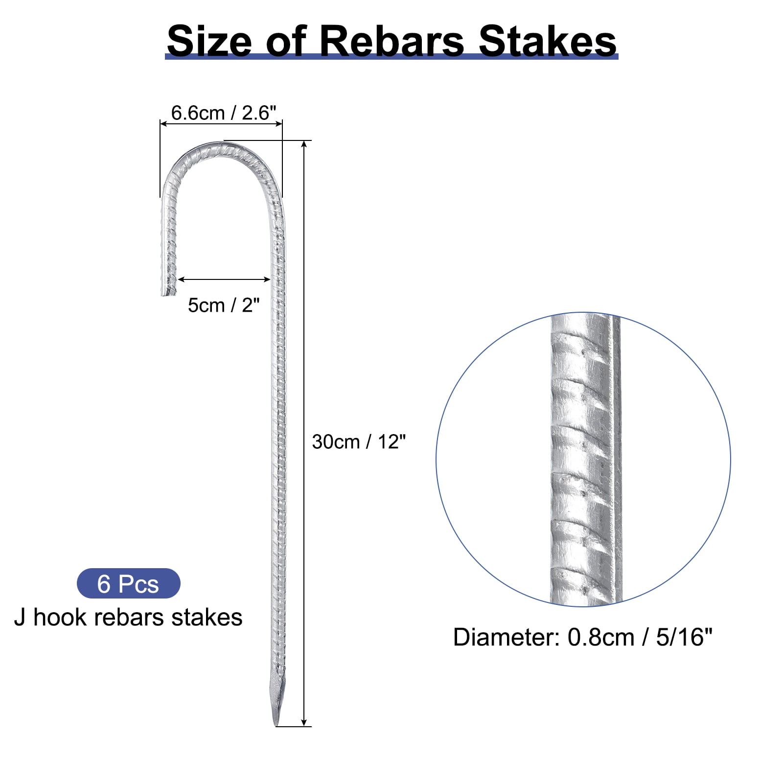 Uxcell 6 Pack 12" Rebars Stakes, J Hook Ground Stakes, Galvanized Steel Tent Stake Garden Wind Staple, Silver Tone