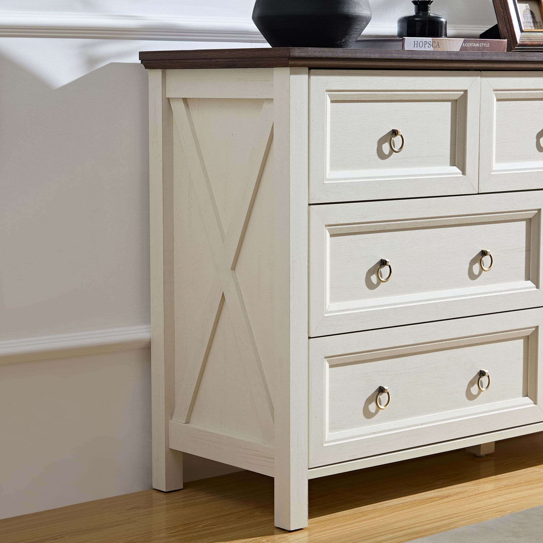 AENKYO Farmhouse Dresser with 7 Drawers, Storage Drawer Chest for Home, Cream White & Rustic Brown Finish