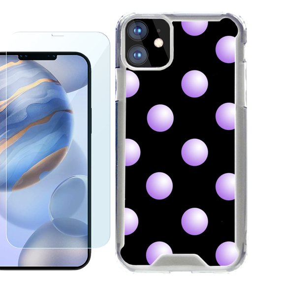 For Apple iPhone 12 Case, iPhone 12 Pro Case, Hybrid Bumper Phone case, with Tempered Glass Screen Protector, by OneToughShield ® - Polka Dot / Purple