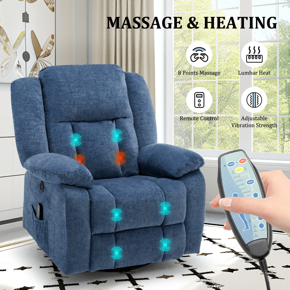 Korser Massage Swivel Rocker Recliner Chair with USB Ports Chenille for Living Room,Blue