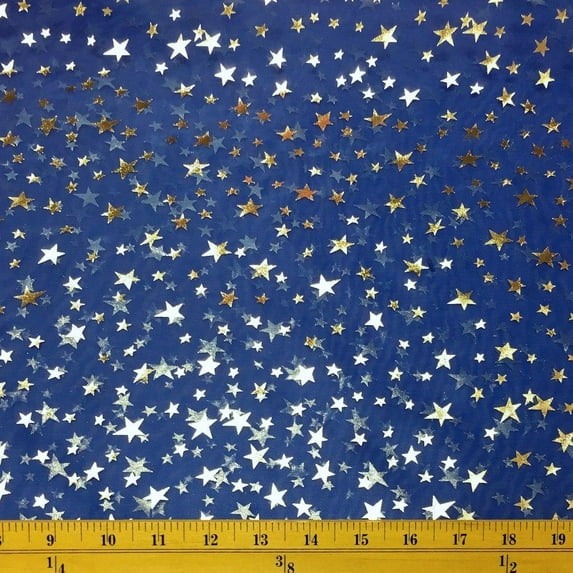 Crystal Organza Printed Stars Fabric Sparkle Shiny Crafts Decorations 60" Wide By the Yard (Royal Blue)