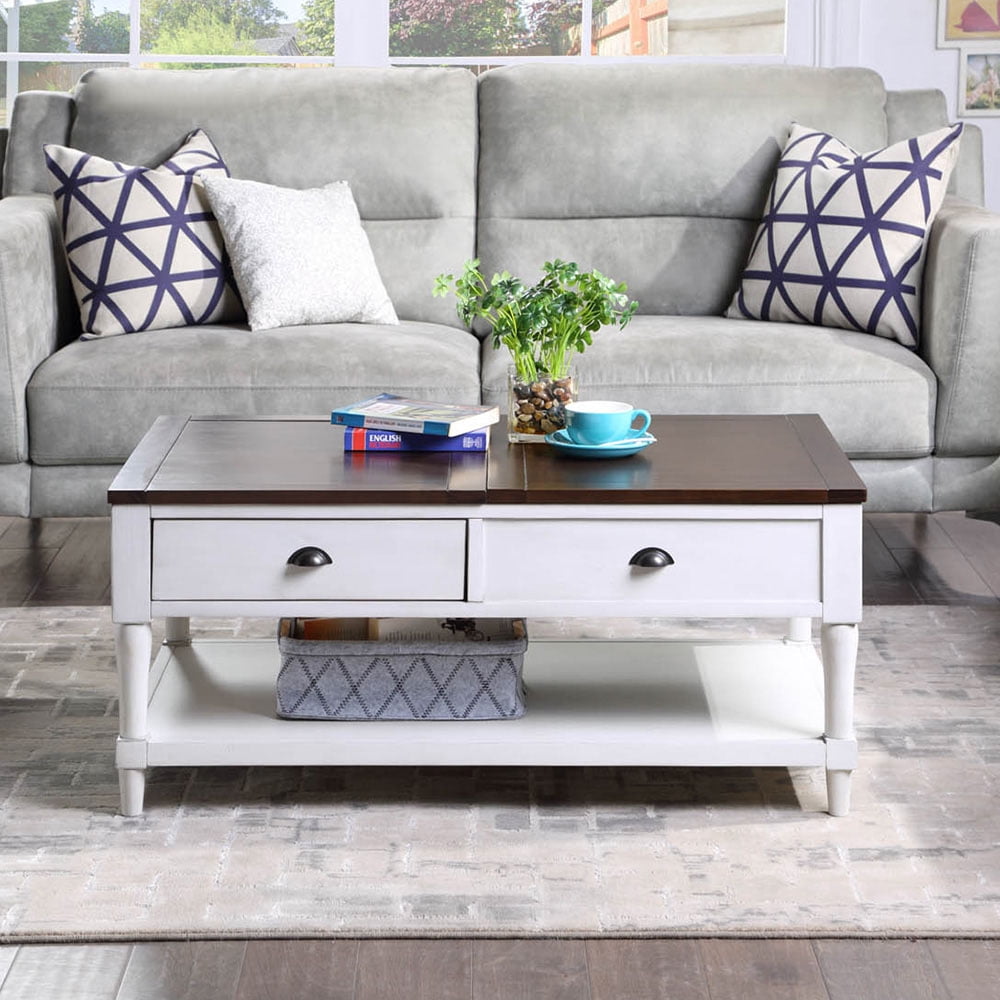 Private Jungle Wood Coffee Table Lift Top with 1 Drawer and Shelf, White and Brown