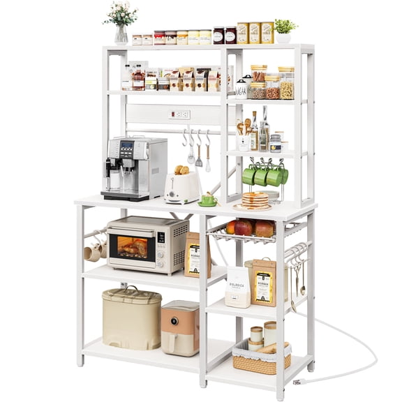 Amadwell 39.4" Large Bakers Rack, 6-Tier Microwave Stand with Power Outlets, Kitchen Shelf with Wire Basket