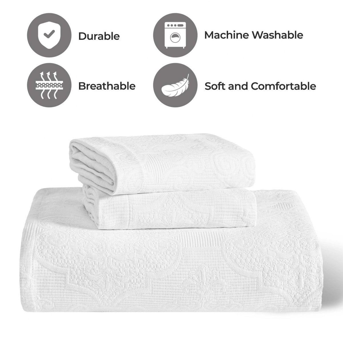 Superior 3-Piece Florin Cotton Matelasse White Bedspread Set, Full