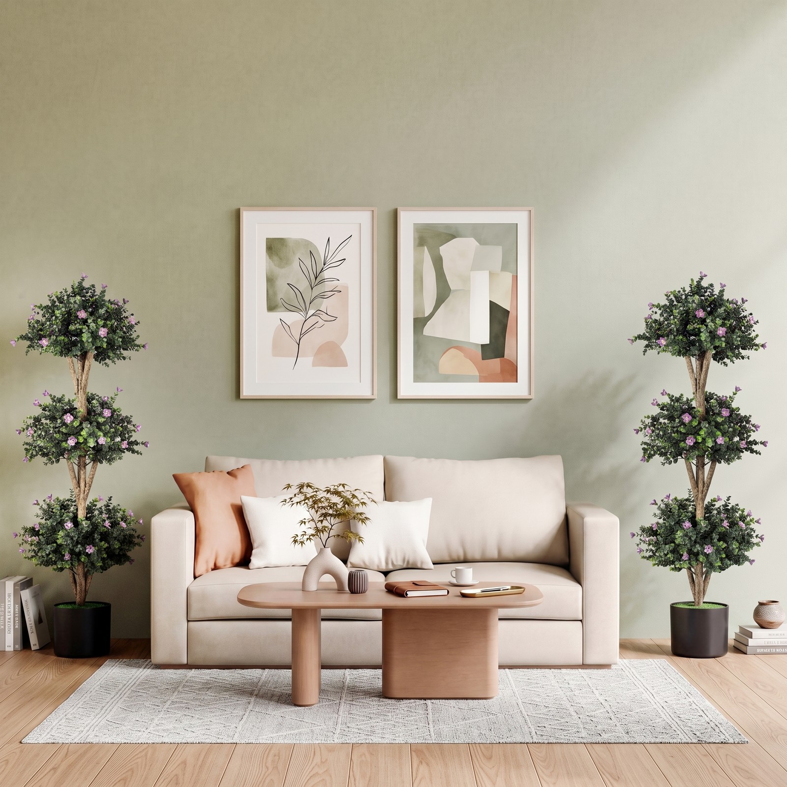 Fenbeli 51 Inch Artificial Triple Ball Boxwood Topiary Tree with 59 Purple Blossoms, Faux Potted Boxwood Plant with Cement-Filled Pot for Indoor Outdoor Porch, Purple