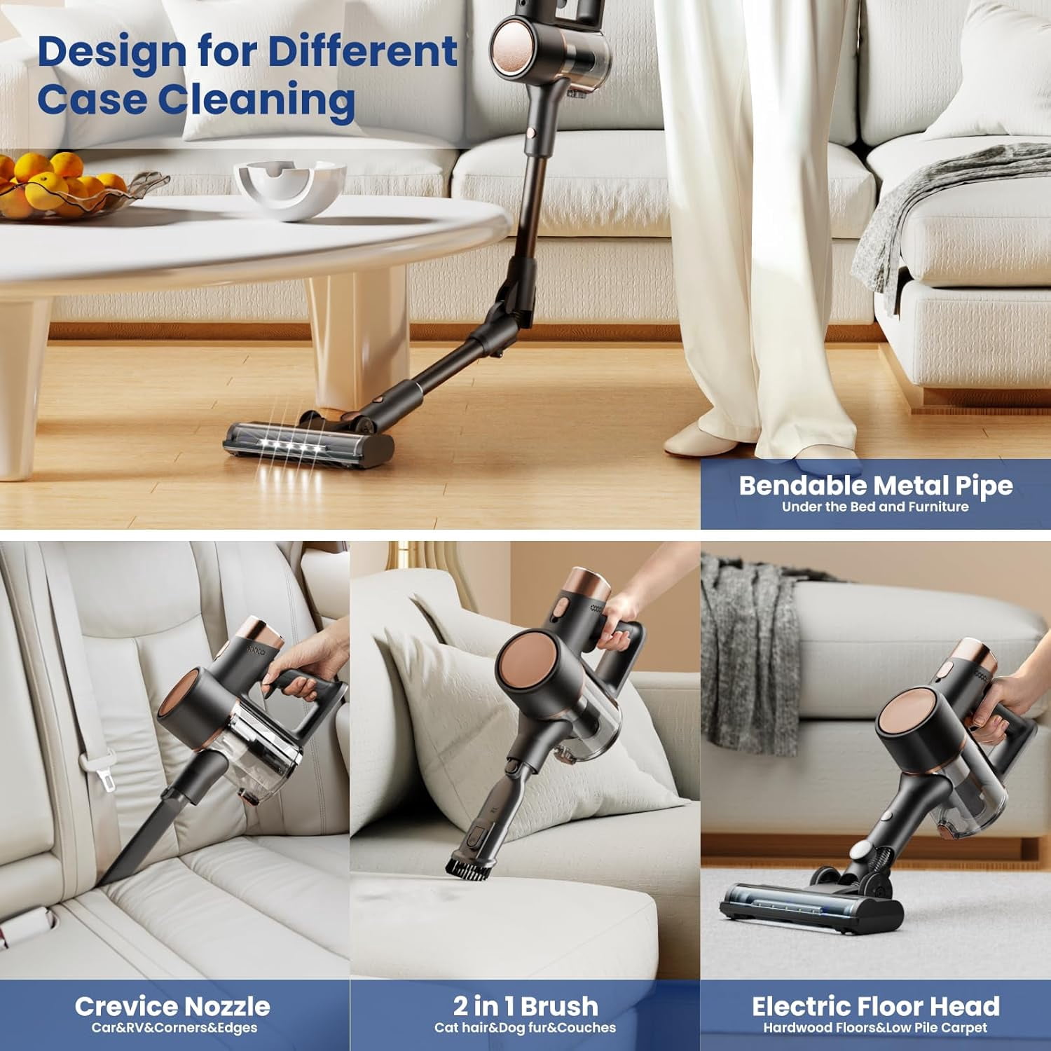 Moifoi Cordless Stick Vacuum Cleaner Lightweight Bendable ,Powerful Suction, Up to 50mins Runtime, Anti-Tangle, Lightweight Wireless Vacuum for Carpet Hard Floor Pet Hair,gray