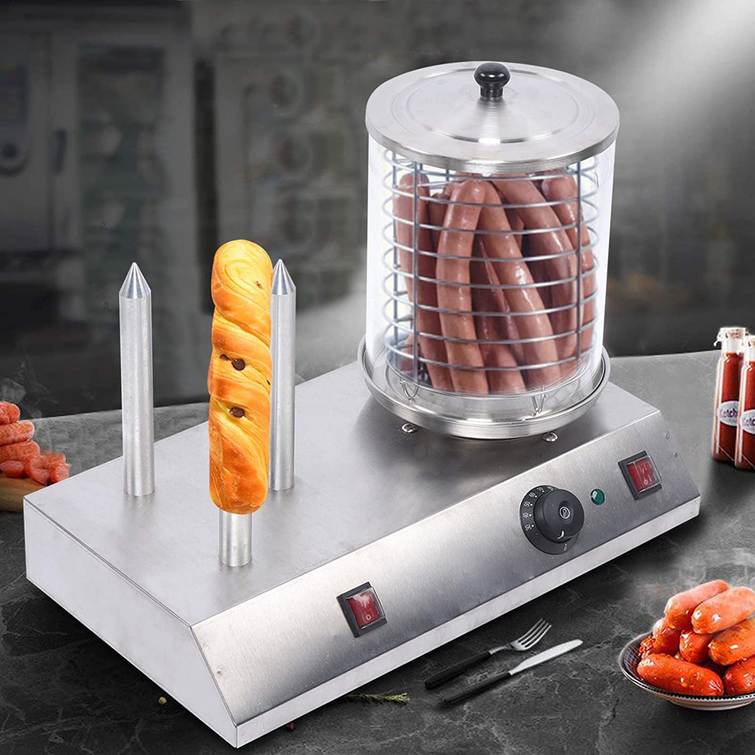 Hot Dog Steamer with Bun Warmer 110V 850W Portable Commercial Hotdog Cooker and Bun Steamer for Breakfast Sausages & Bread Sticks 
