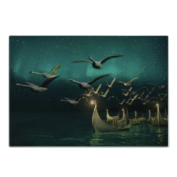 Fantasy Cutting Board, Medieval Boats Birds Flying Adventure Illustration, Decorative Tempered Glass Cutting and Serving Board, Small Size, Sand Brown Dark Teal, by Ambesonne