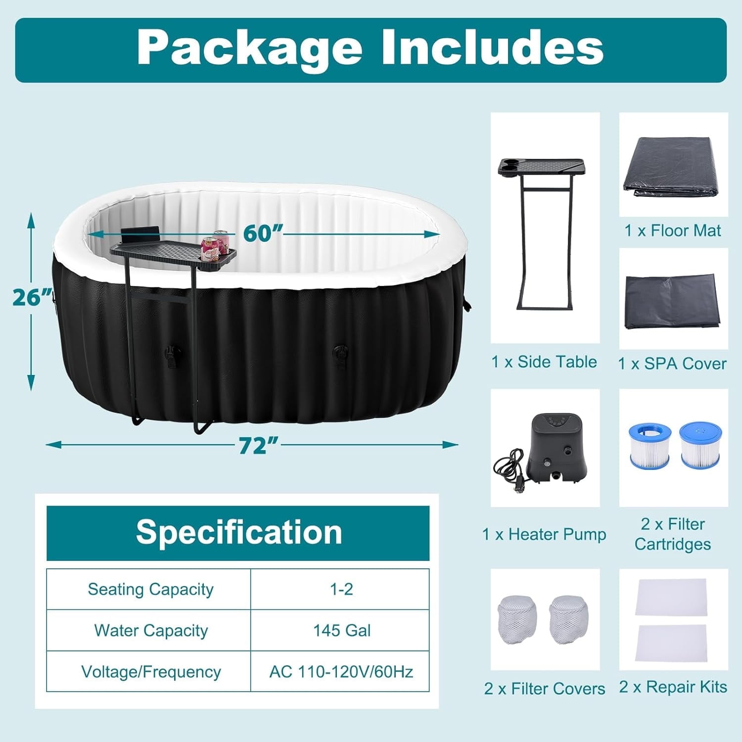 Lilypelle Inflatable Hot Tub, 72” X 47” X 25” Portable Blow Up Hot Tub for 2 Adults, Outdoor Spa with 110 Bubble Jets and Built in Heater Pump, Filter