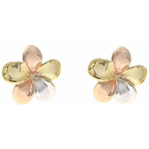 14K solid tricolor gold Hawaiian 9mm plumeria flower stud post earrings