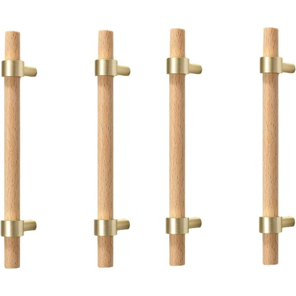 Gamvdout Furniture Handles 4Pcs Beech Copper Brushed Solid Wood Handle Cabinet Door Log Wardrobe Drawer Chinese Style Wooden Door Handle 224Mm