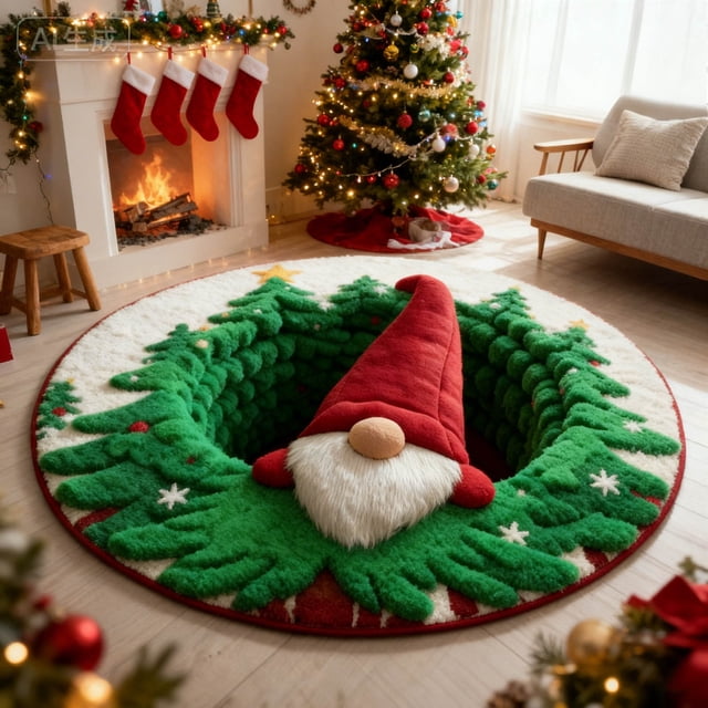 uhnmki Christmas 3D Rug – Christmas Optical I Llusion Rugs Decorative Rug with Depth Pattern Theme Santa C Laus Quilted Round Durable Fabric Gi Ft for Home Parties