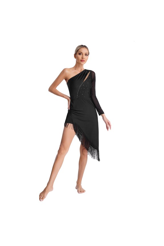 Womens Latin Salsa Samba Dance Tassel Fringed Dress Ballroom Dancewear Black XXL