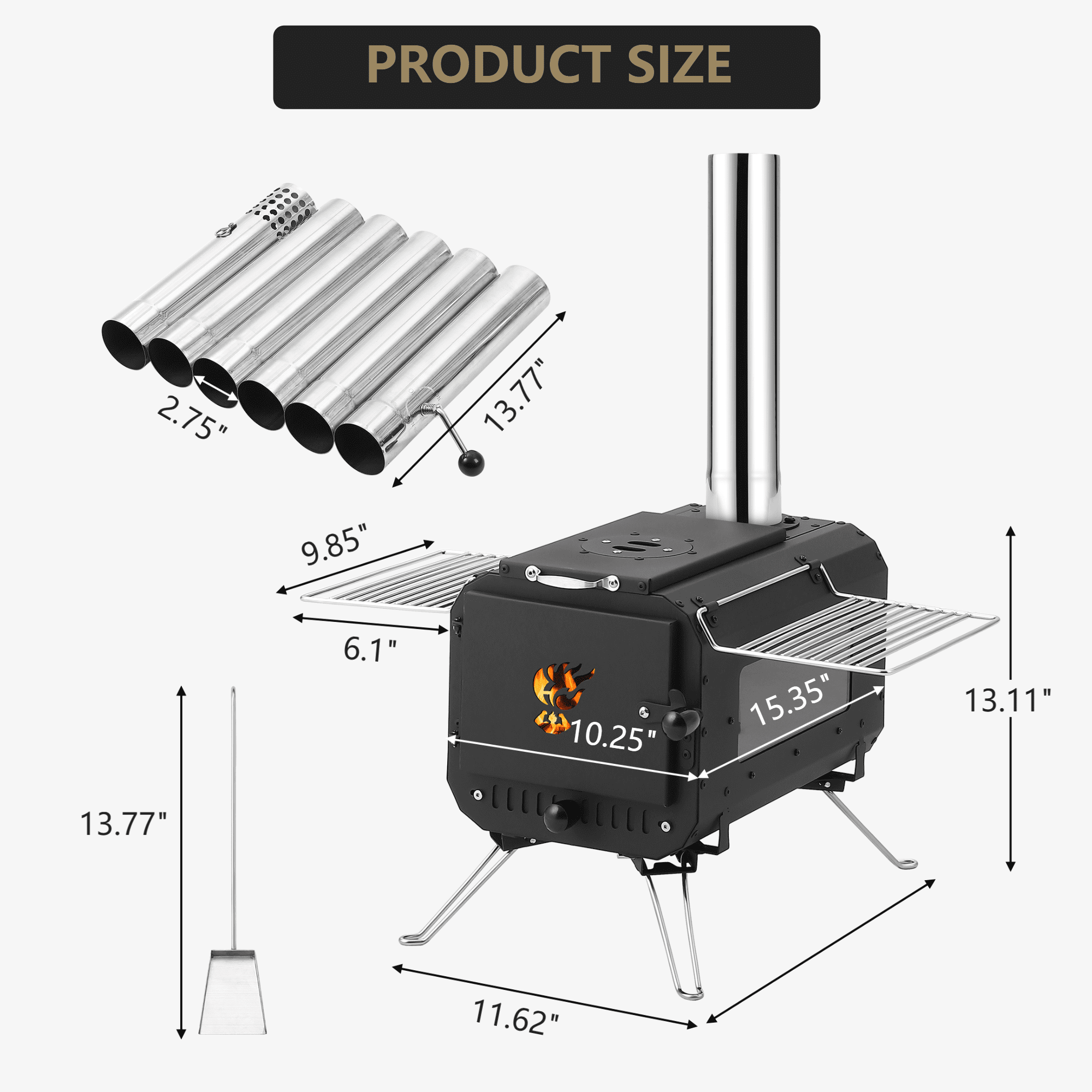 Portable Cast Iron Wood Stove for Camping & Tents - Includes Viewing Glass & Chimney Pipes for Heating and Cooking Outdoors