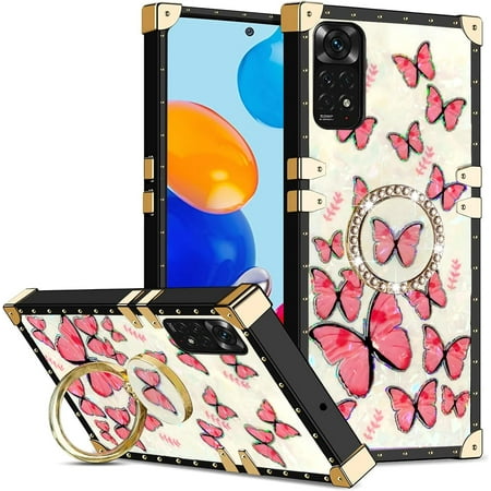 Classic Square Phone Case for Xiaomi Redmi Note 11 4G/Note 11S 4G with Kickstand, Luxury Elegant Metal Decoration Corner Soft TPU Case Cover for Mi Redmi Note 11 4G Butterfly Red