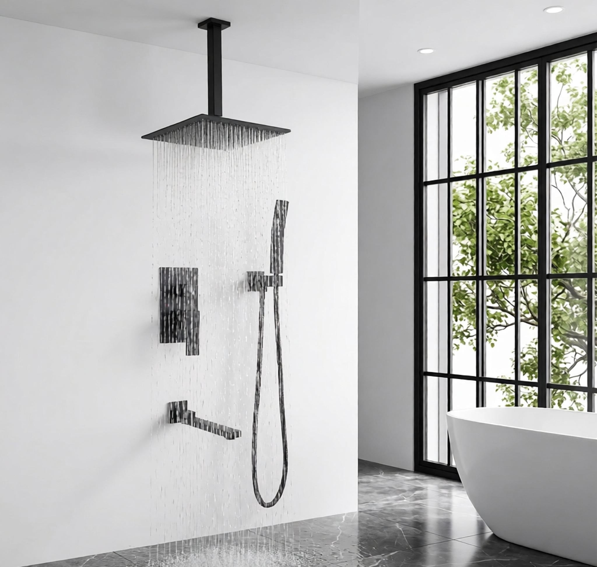 Shower System with Tub Spout, 10 inch Shower Head Shower Set for Bathroom, Black