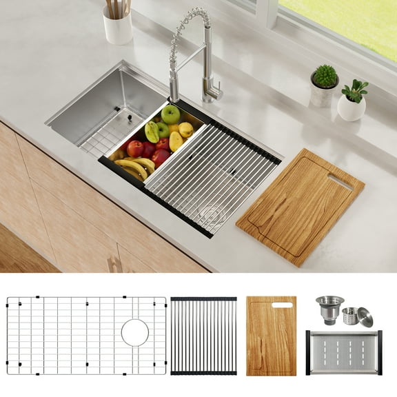 32 IN Kitchen Sink Undermount Deep Single Bowl Stainless Steel with Integrated Ledge and Accessories