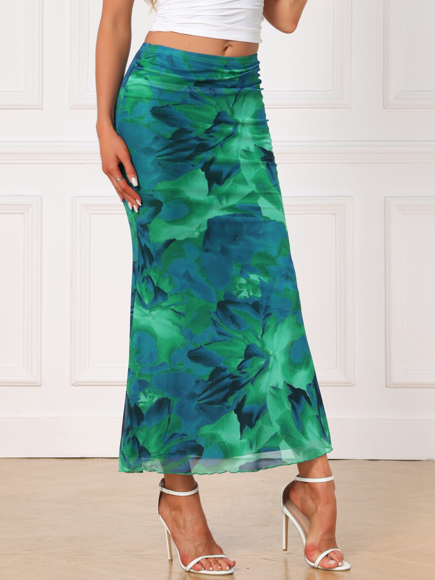DARING DIVA Women's Floral Mesh Maxi 2026 High Waisted Boho Skirt XS Blue Green