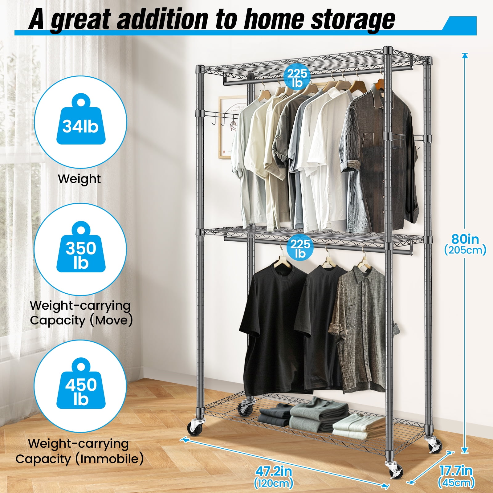 Walmart 3 Tier Gray Heavy Duty Garment Rack with Double Rods Lockable Wheels 400lb Capacity Walmart