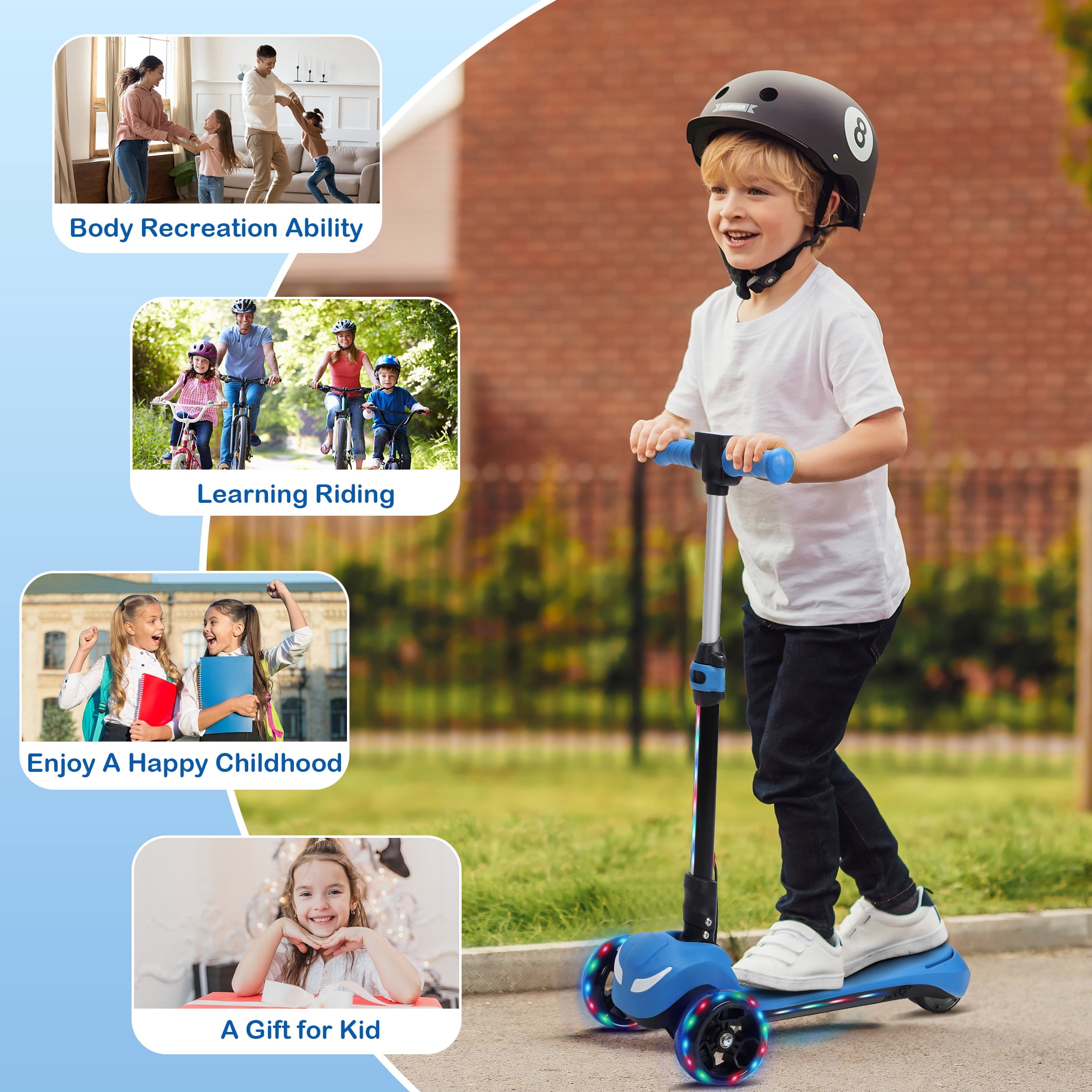 Skyhot Electric Scooter for Kids w/LCD Screen, 21V Battery & Powerful Motor, Premium Front Light and Wheel Lights/3 Adjustable Heights Scooter for Kid 4-8 Years, Thumb Throttle, Blue