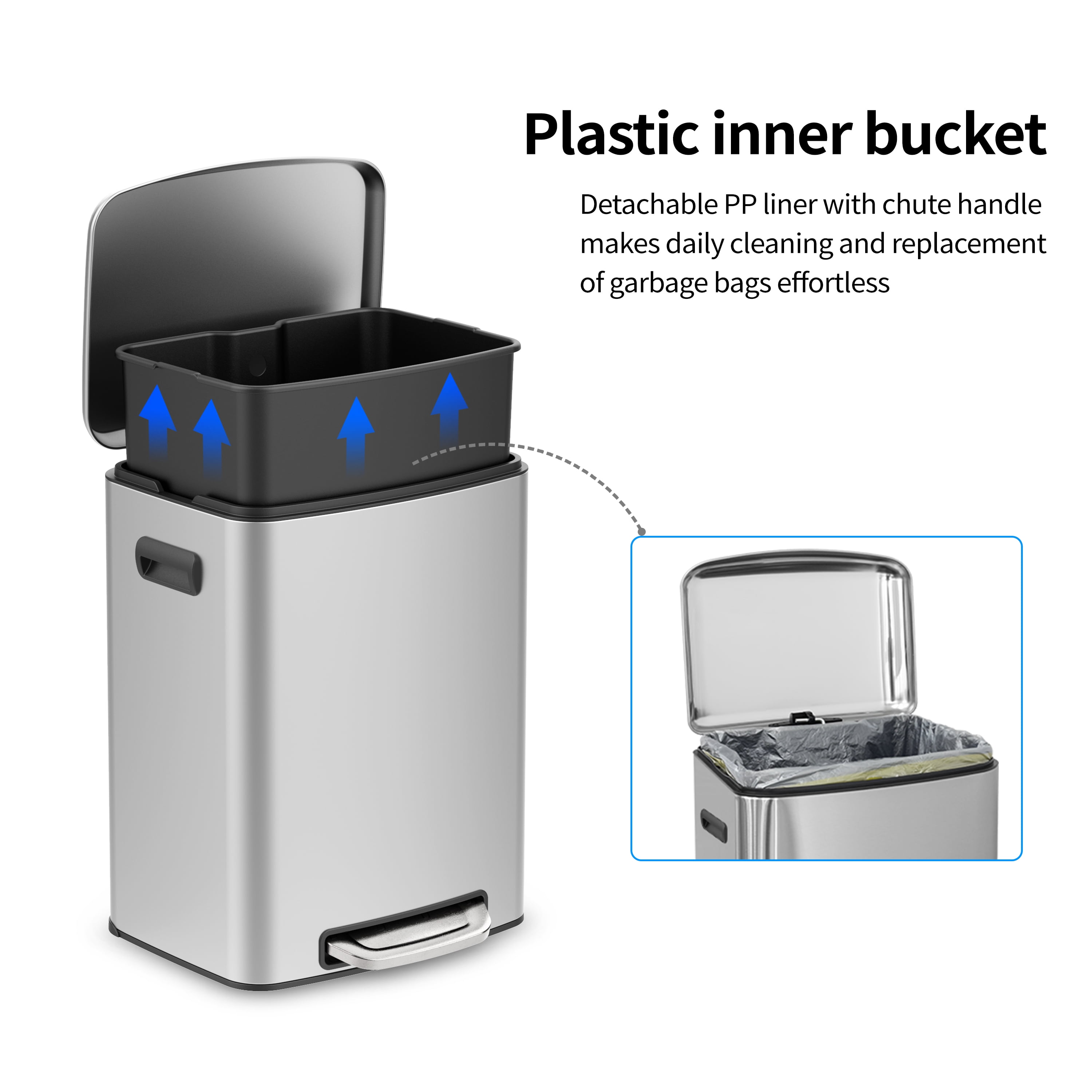 BinMax 13 Gallon Waste Bin Soft Closing Stainless Steel Silver Kitchen Step Trash Can