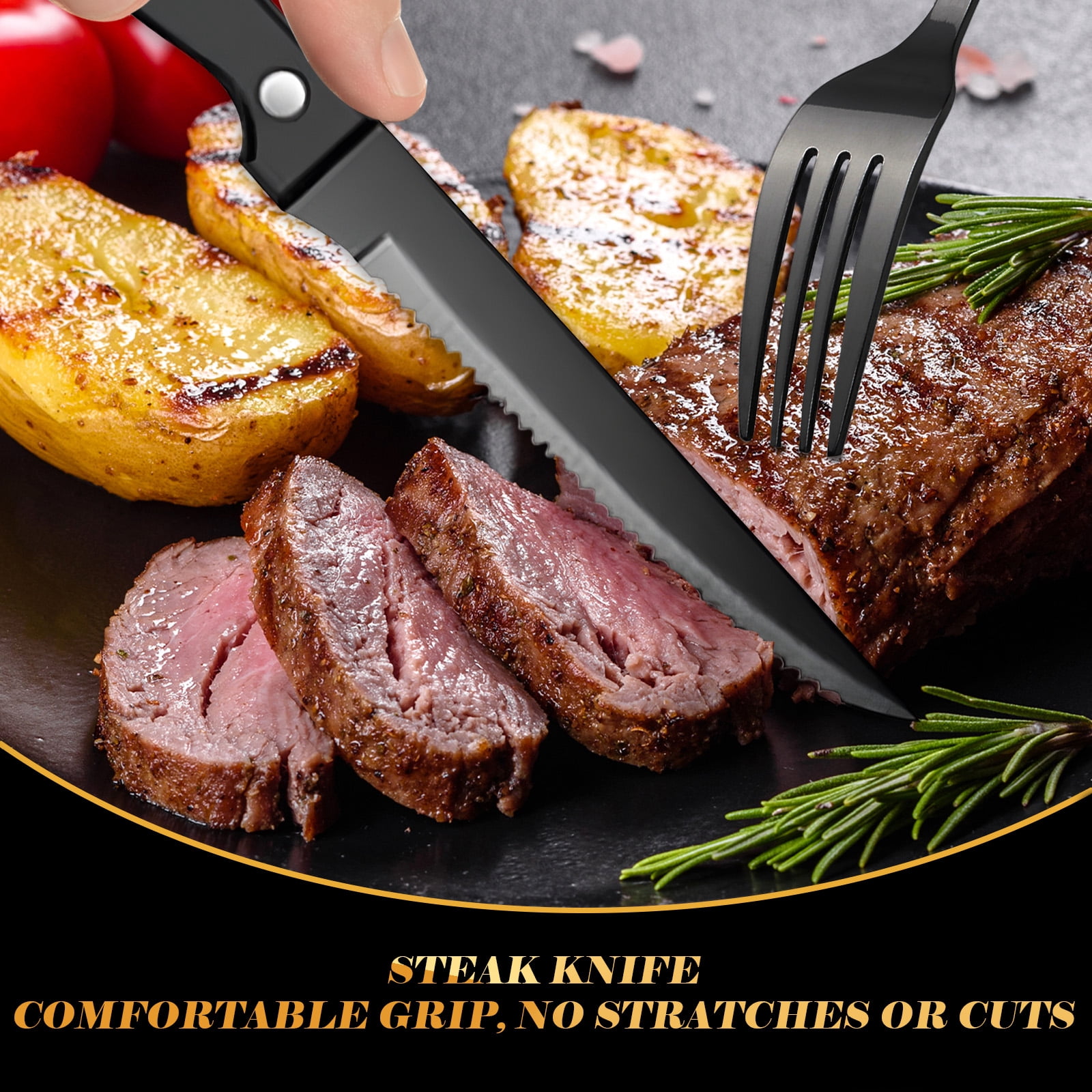 Koomade 48 Pieces Flatware Set For 8, with Steak Knives, Stainless Steel Cutlery Set, Tableware Utensils for Home Kitchen Restaurant Hotel, Dishwasher Safe, Black